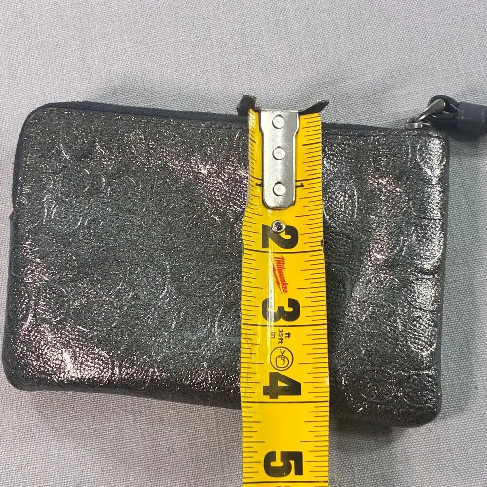 Coach Metallic Signature Embossed Leather Wristlet Black Gunmetal Zip Pouch